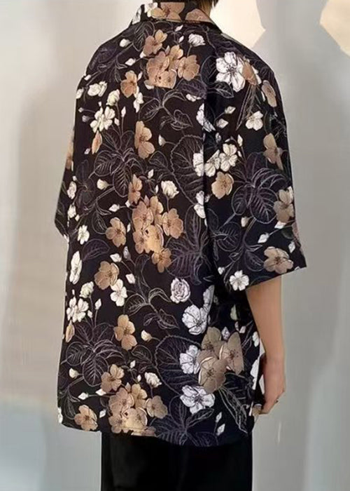 Cotton Print Pan Peter Black Half Collar Mens Pockets Shirts FashionChic