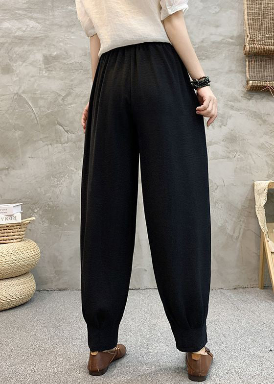 Black Print Pockets Cotton Summer Harem Pants High Waist AU1048 MZF-240903