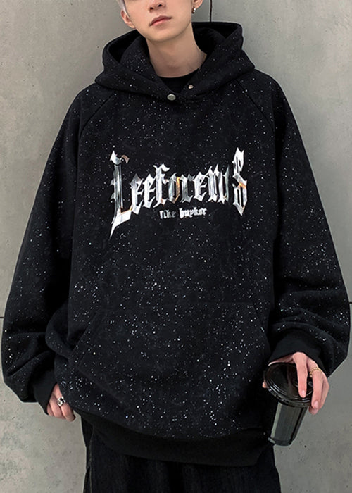 Cotton Pockets Spring Men Sequins Black Sweatshirt Hooded Print FashionChic