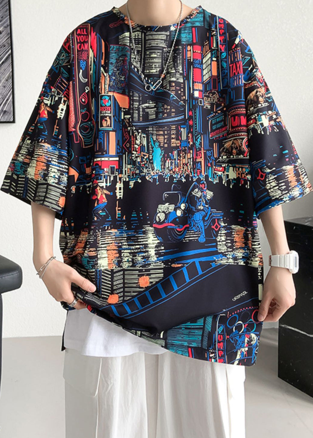 Print Cotton Summer Mens O Open Neck T Black Side Shirts FashionChic