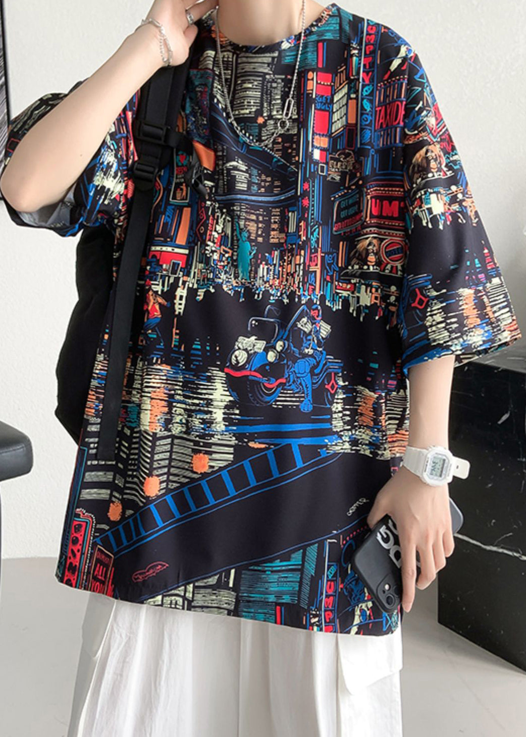 Print Cotton Summer Mens O Open Neck T Black Side Shirts FashionChic