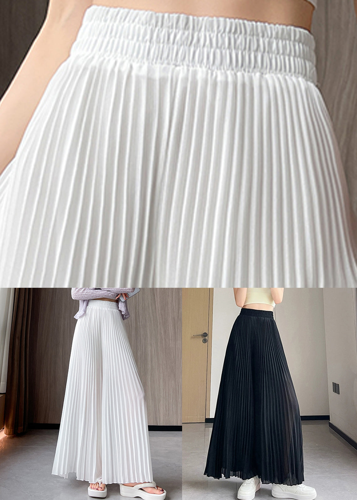 Chiffon Elastic Solid Pants Waist Leg Summer Wide Black FashionChic