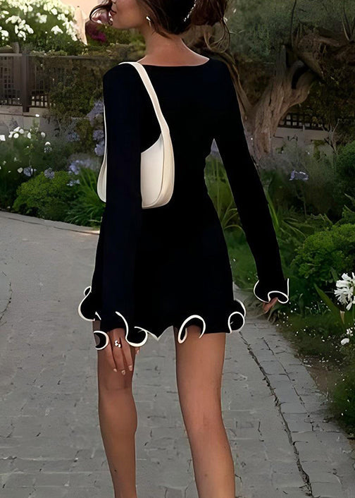 Black Solid Cotton Mid Dress O-Neck Butterfly Sleeve AL1047 Genistyle Shop