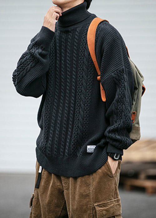 Black Solid Cozy Men Cable Knit Sweaters Turtleneck Winter RJ038 ABC