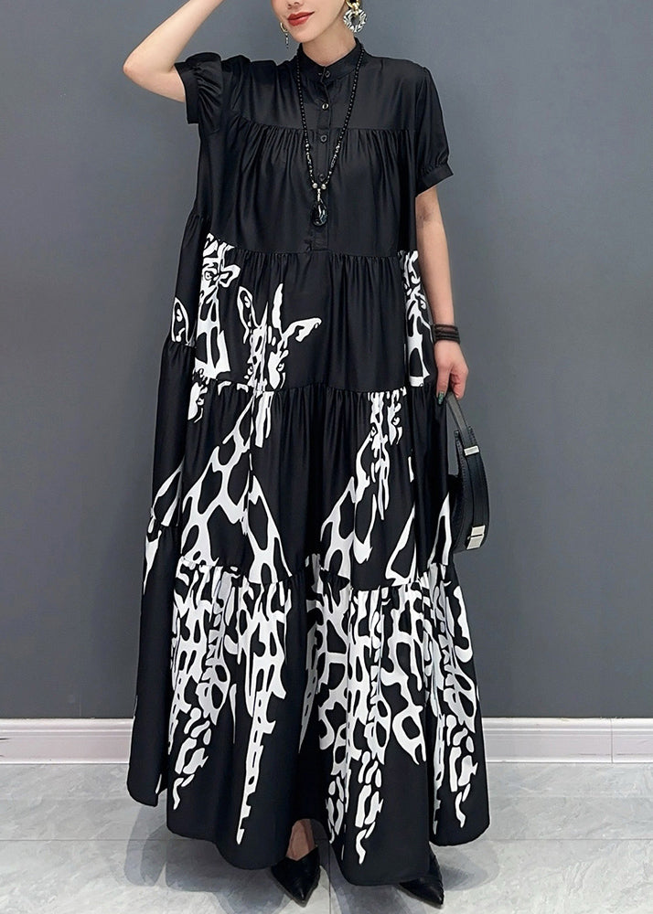 Black Stand Collar Button Maxi Dress Short Sleeve AY1050 JDML-240829