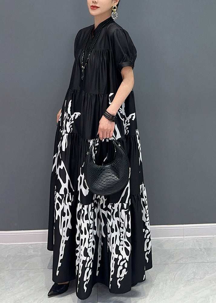 Black Stand Collar Button Maxi Dress Short Sleeve AY1050 JDML-240829