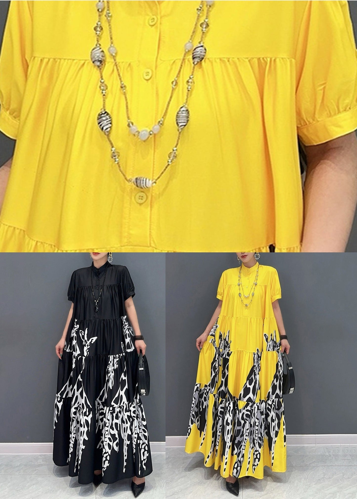 Black Stand Collar Button Maxi Dress Short Sleeve AY1050 JDML-240829