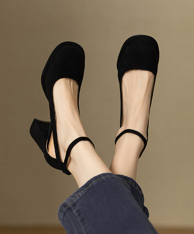 Buckle Hollow Black Heel Splicing Out Chunky Sandals Strap Suede FashionChic