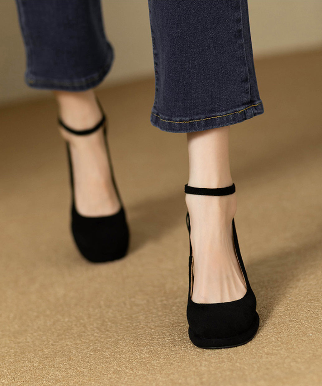 Buckle Hollow Black Heel Splicing Out Chunky Sandals Strap Suede FashionChic