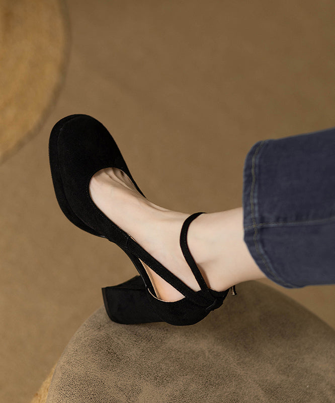 Buckle Hollow Black Heel Splicing Out Chunky Sandals Strap Suede FashionChic