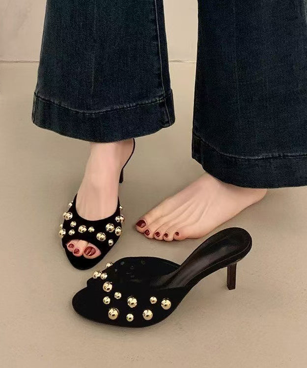 Heel High Black Splicing Suede Slide Rivet Unique Sandals FashionChic