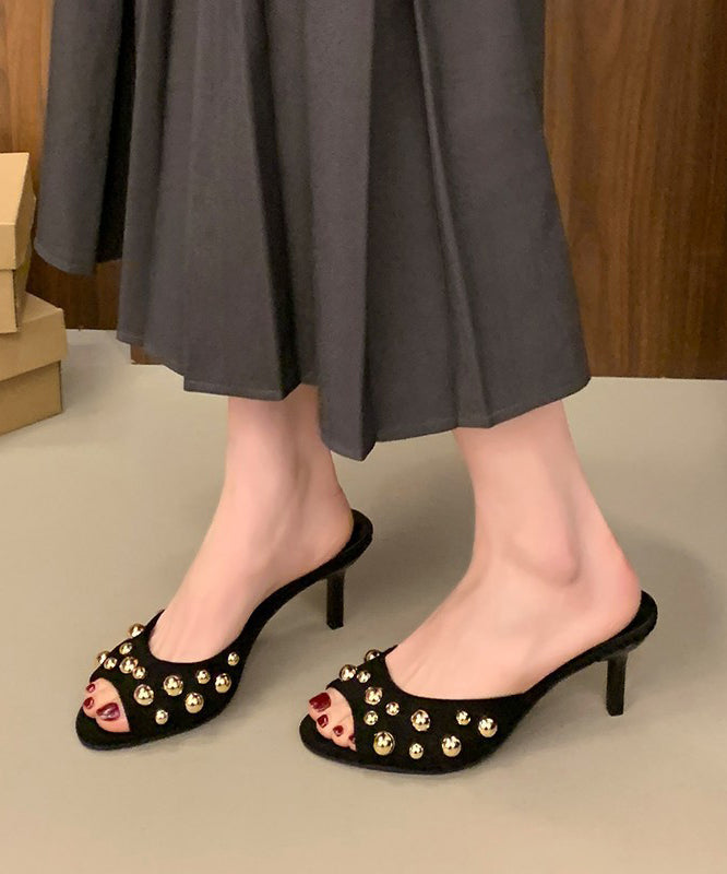 Heel High Black Splicing Suede Slide Rivet Unique Sandals FashionChic