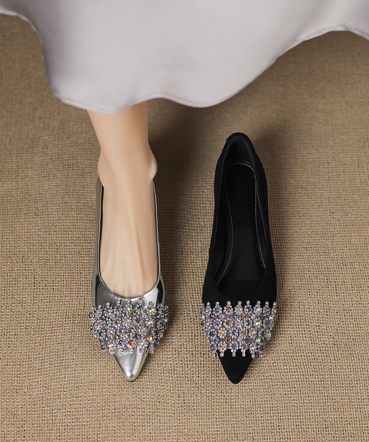 Black Flats Toe Zircon Pointed Unique Suede Splicing FashionChic