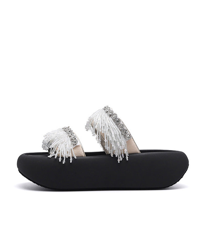 Sandals Black Slide Tassel Peep Toe Platform Splicing FashionChic