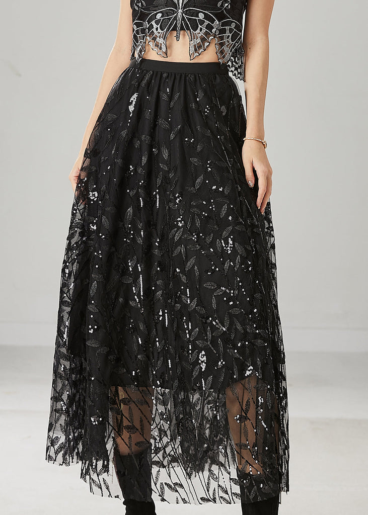 Black Tulle Holiday Skirt Leaf Sequins Spring YU1019 Ada Fashion