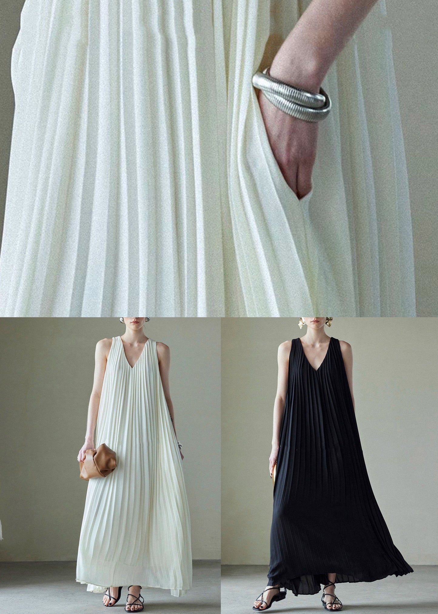 V Wrinkled Long Chiffon Summer Pockets Neck Black Dress FashionChic