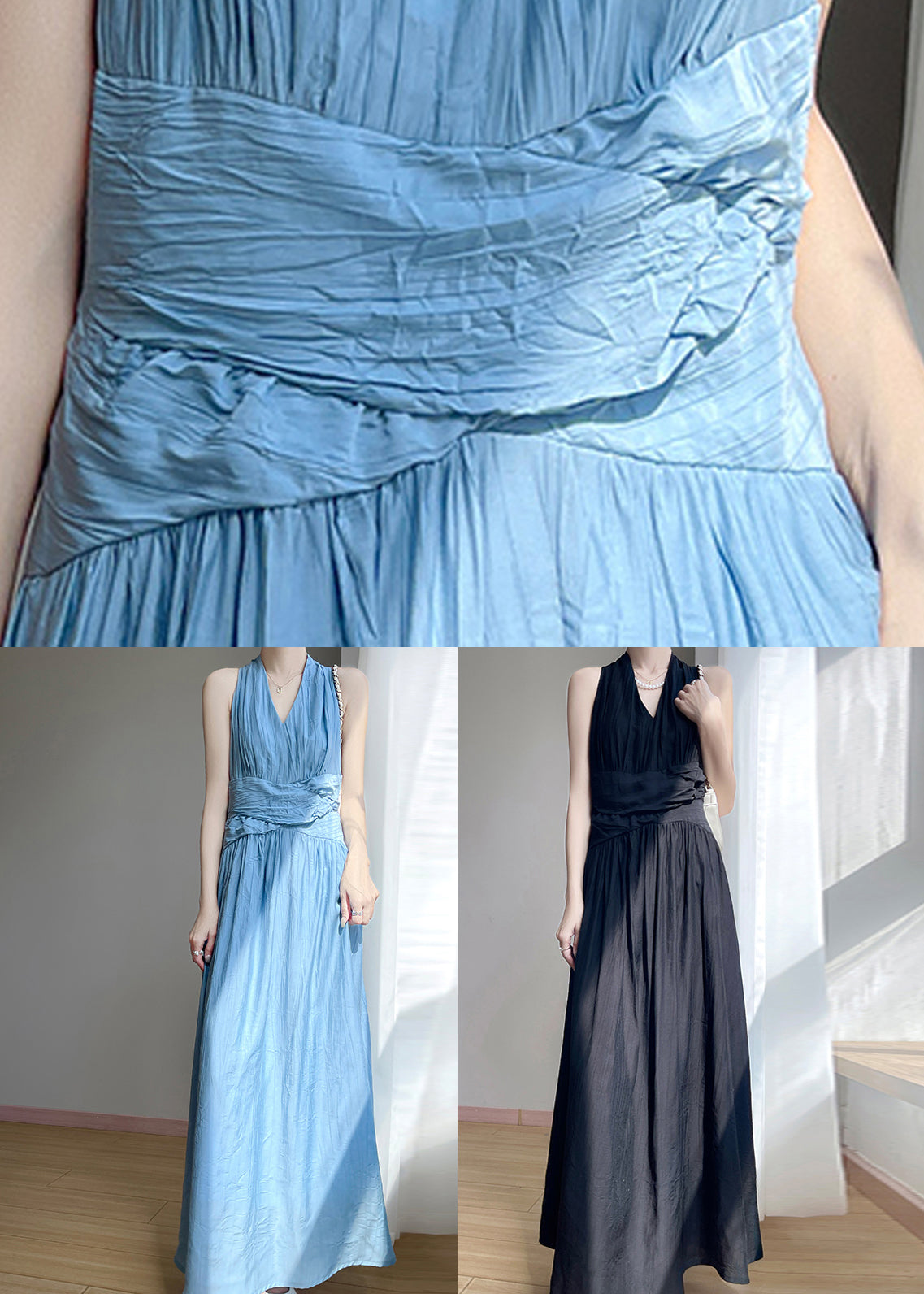Summer Dresses Black V Neck Maxi Cotton Wrinkled Solid FashionChic