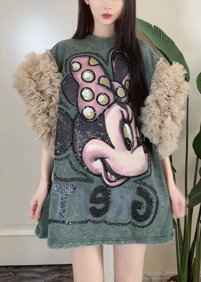 Print Patchwork Dress Tulle Summer Blackish Shirt Ruffled Green T FashionChic