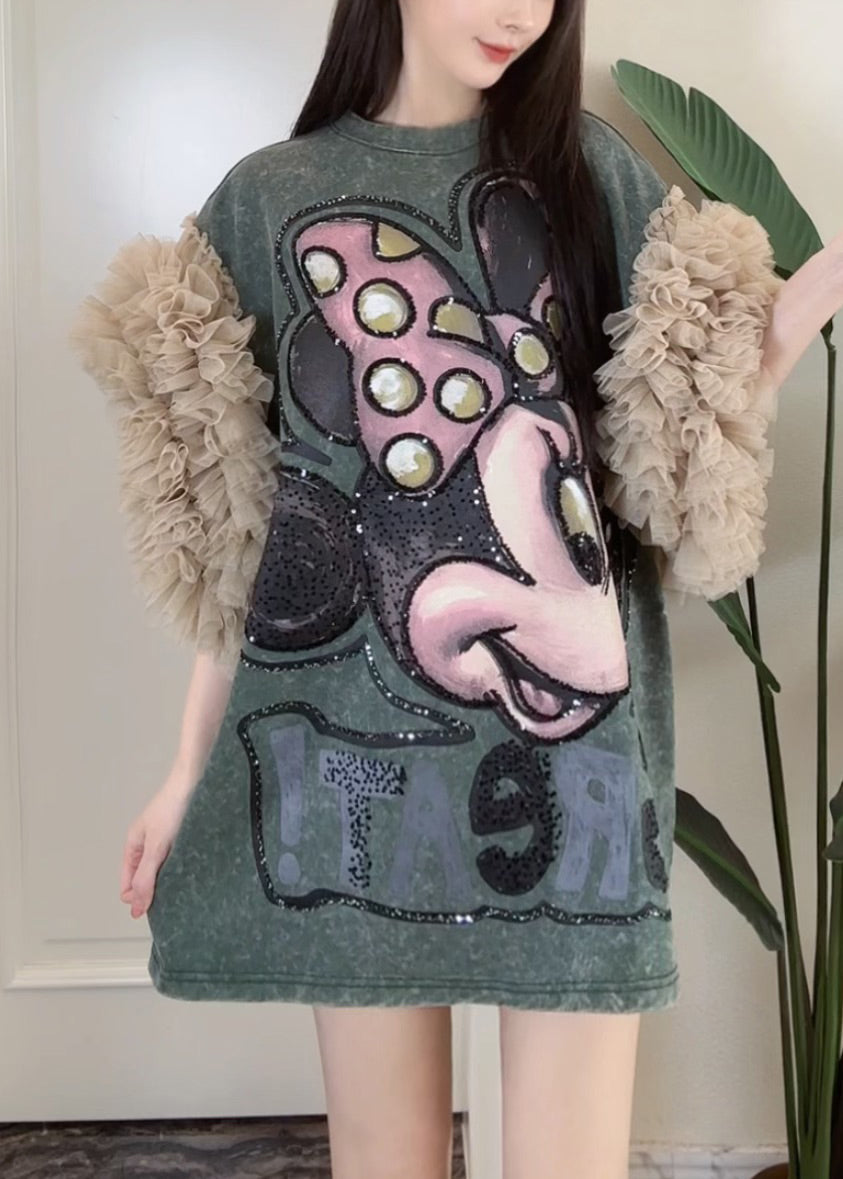Print Patchwork Dress Tulle Summer Blackish Shirt Ruffled Green T FashionChic