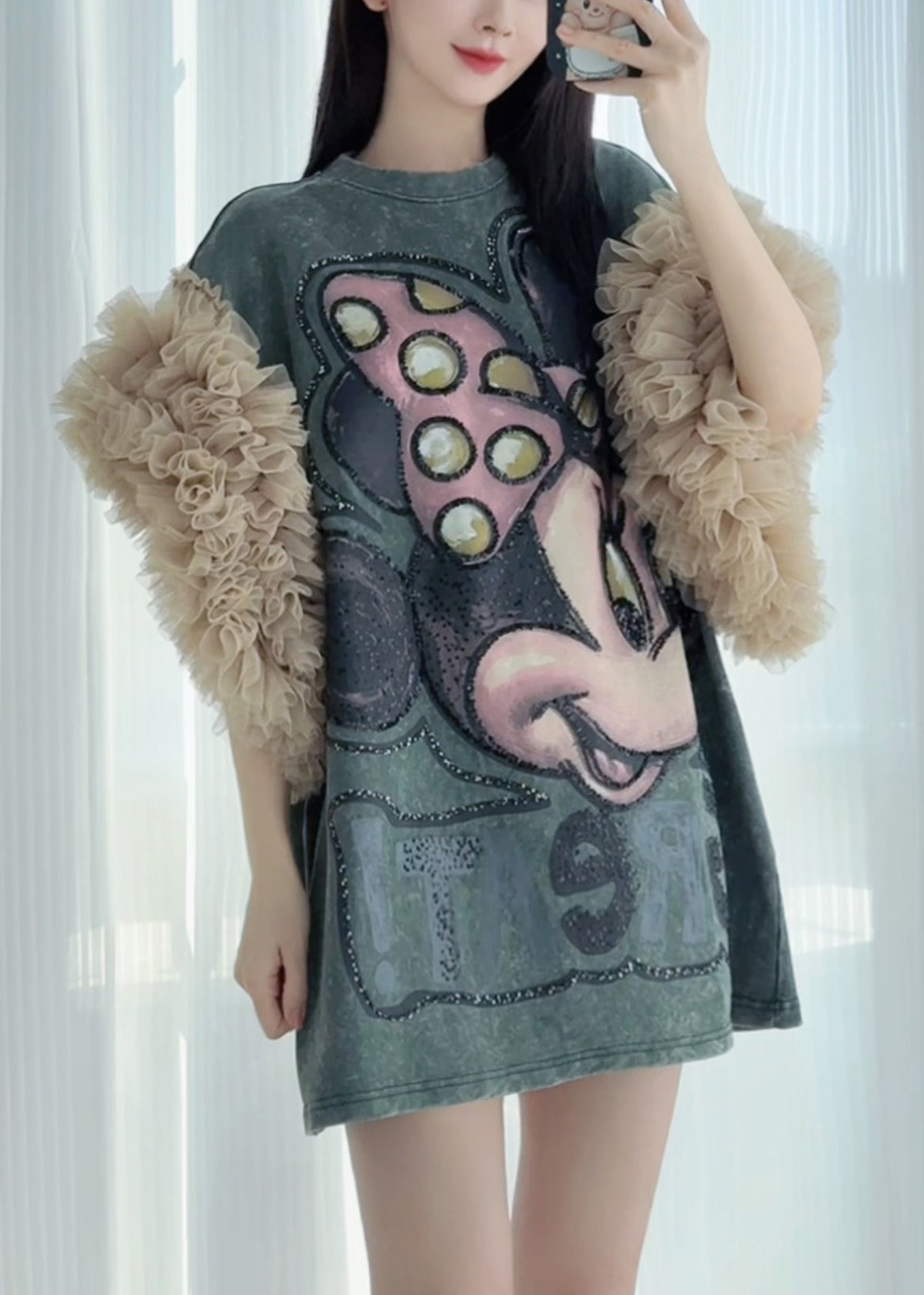 Print Patchwork Dress Tulle Summer Blackish Shirt Ruffled Green T FashionChic
