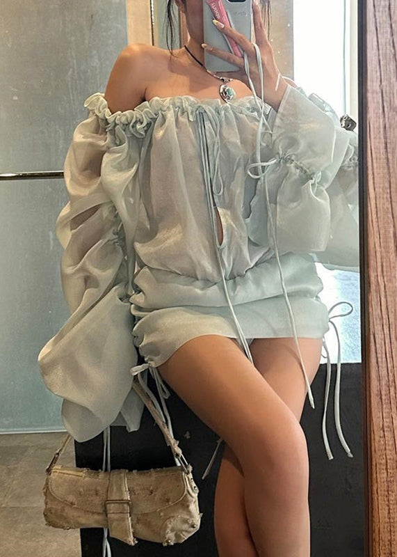 Blue Backless Ruffled Silk Mid Dress Slash Neck Spring YZ075 ABC