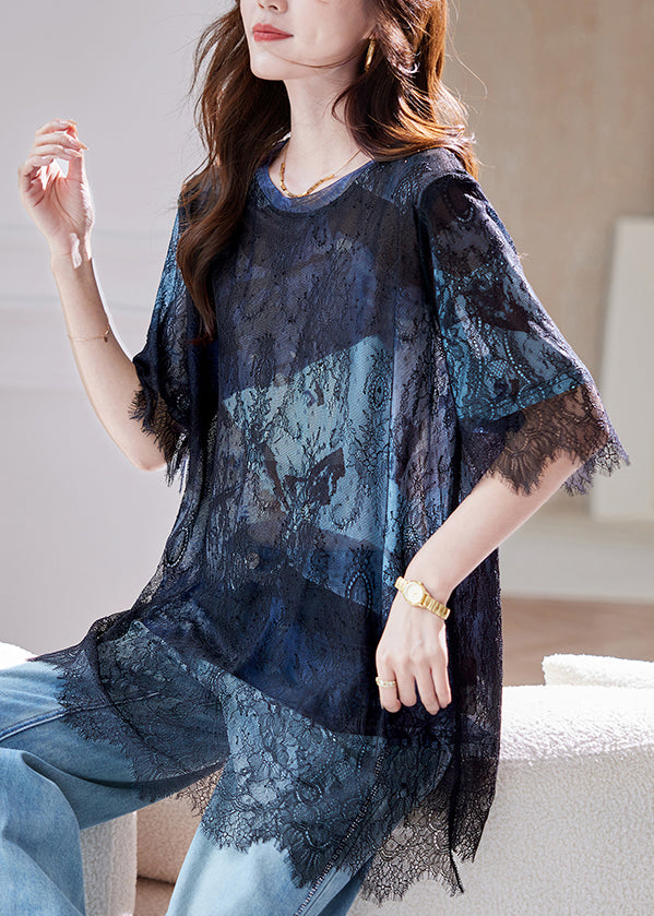 Summer Hollow Lace Out T-Shirt 2025 Patchwork Blue Black FashionChic