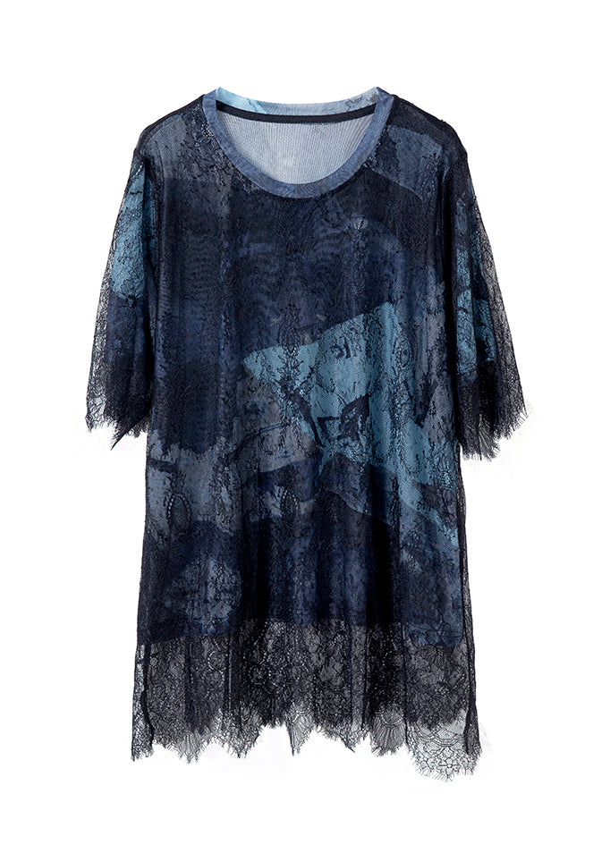 Summer Hollow Lace Out T-Shirt 2025 Patchwork Blue Black FashionChic
