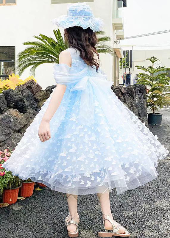 Blue Cold Shoulder Solid Tulle Girls Summer Long Dress Butterfly TT034 WS-JRTZSDGL240817