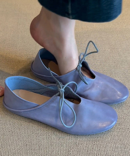 Shoes Blue Women Leather Flat Lace Cowhide Splicing Up FashionChic