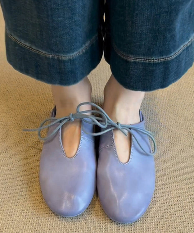 Shoes Blue Women Leather Flat Lace Cowhide Splicing Up FashionChic