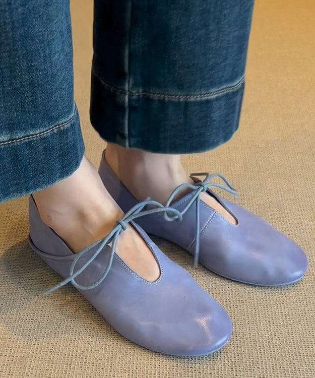 Shoes Blue Women Leather Flat Lace Cowhide Splicing Up FashionChic