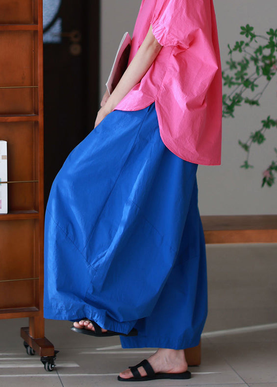 Elastic Blue Summer Loose Pockets Waist Pants Cotton FashionChic