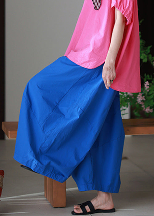 Elastic Blue Summer Loose Pockets Waist Pants Cotton FashionChic
