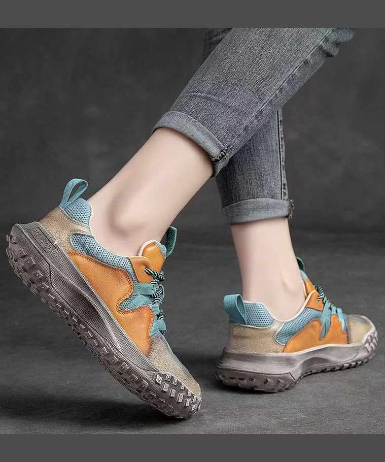 Platform Up Shoes Leather Flat Casual Splicing Blue Lace Cowhide FashionChic