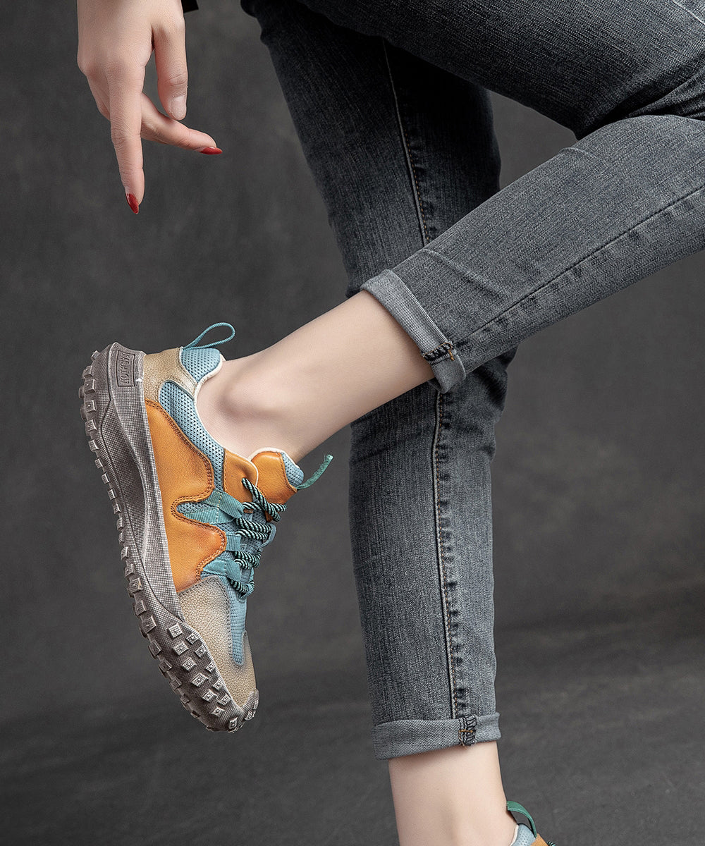 Platform Up Shoes Leather Flat Casual Splicing Blue Lace Cowhide FashionChic