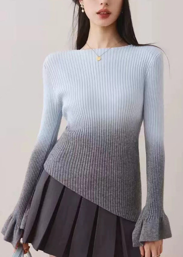 Blue Gradient Knit Sweaters Slash Neck Asymmetrical Fall WE005 HS-NTP241028
