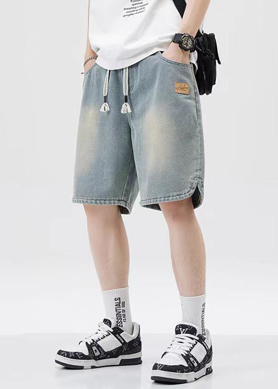 Blue Lace Up Elastic Waist Denim Men Shorts Pockets Summer YL033 ABC