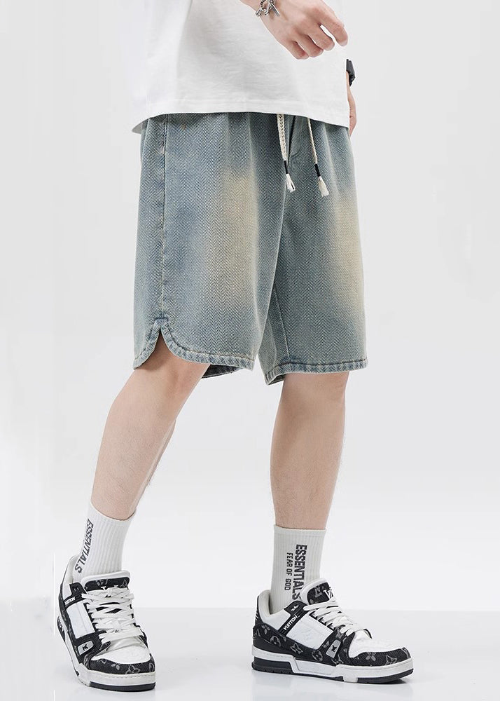 Blue Lace Up Elastic Waist Denim Men Shorts Pockets Summer YL033 ABC