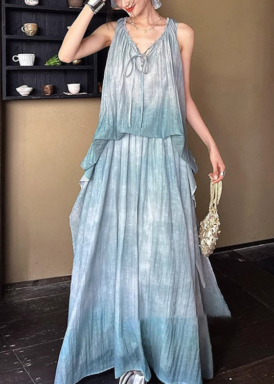 Ruffled Up Linen Dresses Long Blue Sleeveless Silk Lace FashionChic