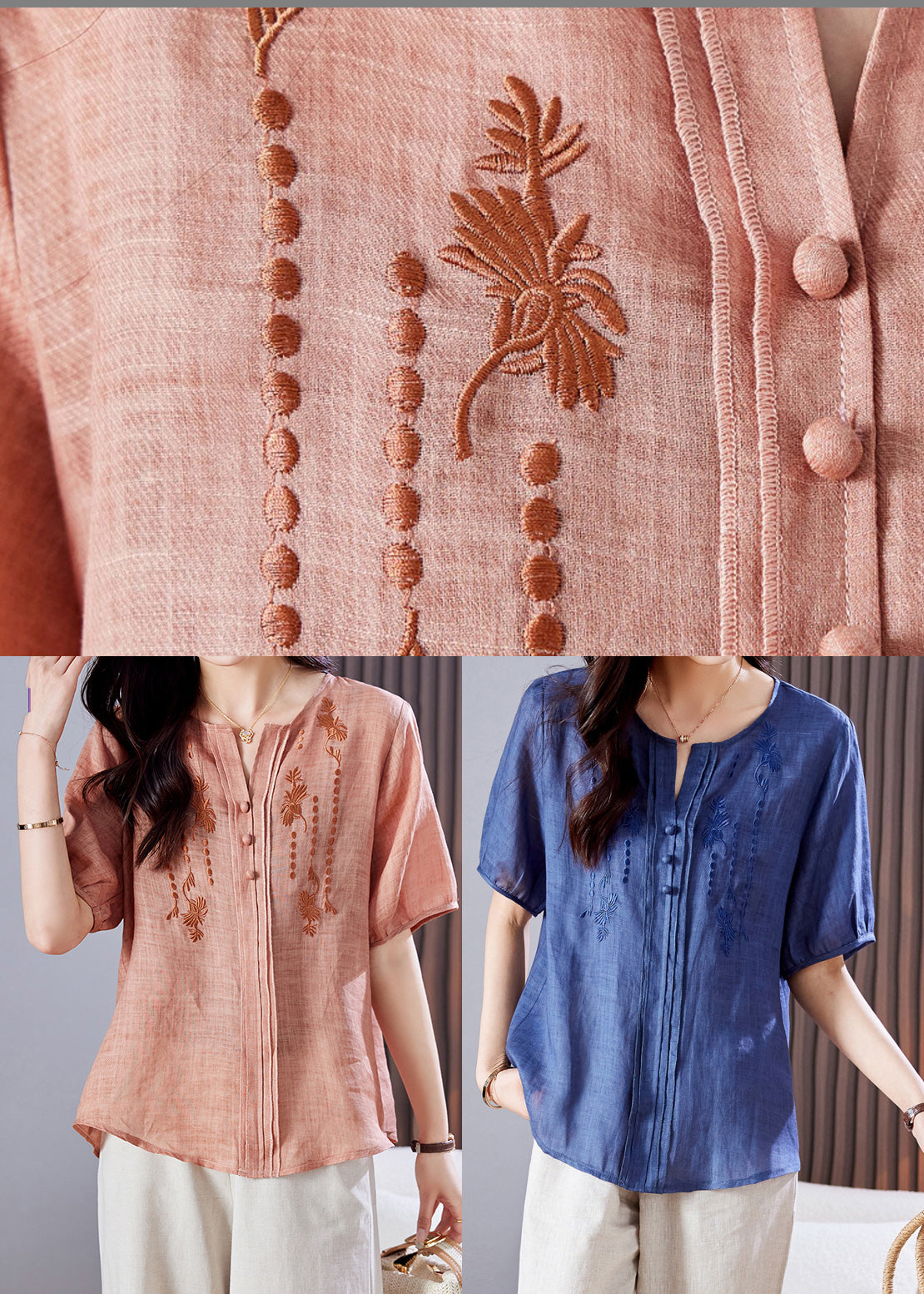 Embroidered Top Blue Linen Summer Wrinkled FashionChic