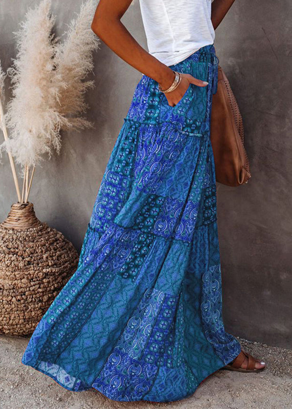 Skirts Pockets Maxi Waist Blue Elastic Summer FashionChic
