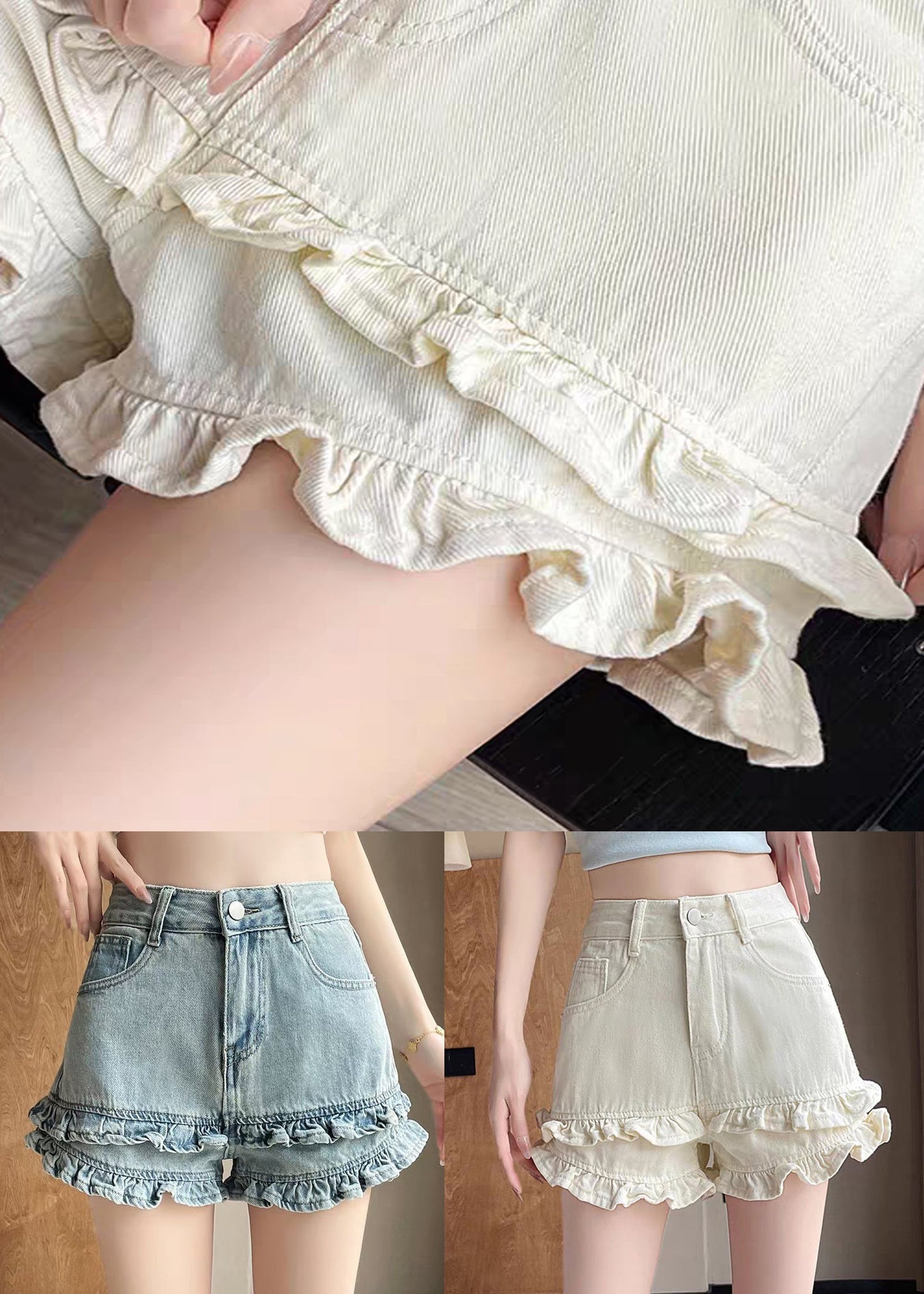 Summer Denim Shorts Blue Waist Ruffled High Pockets FashionChic