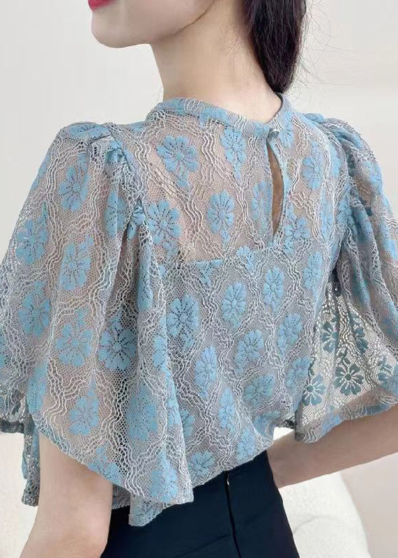 Blue Solid Button Blouses O-Neck Short Sleeve OP1017 Ada Fashion