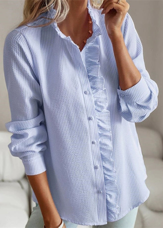 Shirt Blue Solid Puff Ruffled Patchwork Sleeve FashionChic
