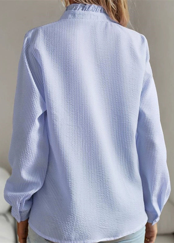 Shirt Blue Solid Puff Ruffled Patchwork Sleeve FashionChic