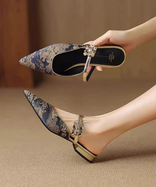 Toe Blue Slide Jacquard Pointed Sandals Zircon Splicing FashionChic