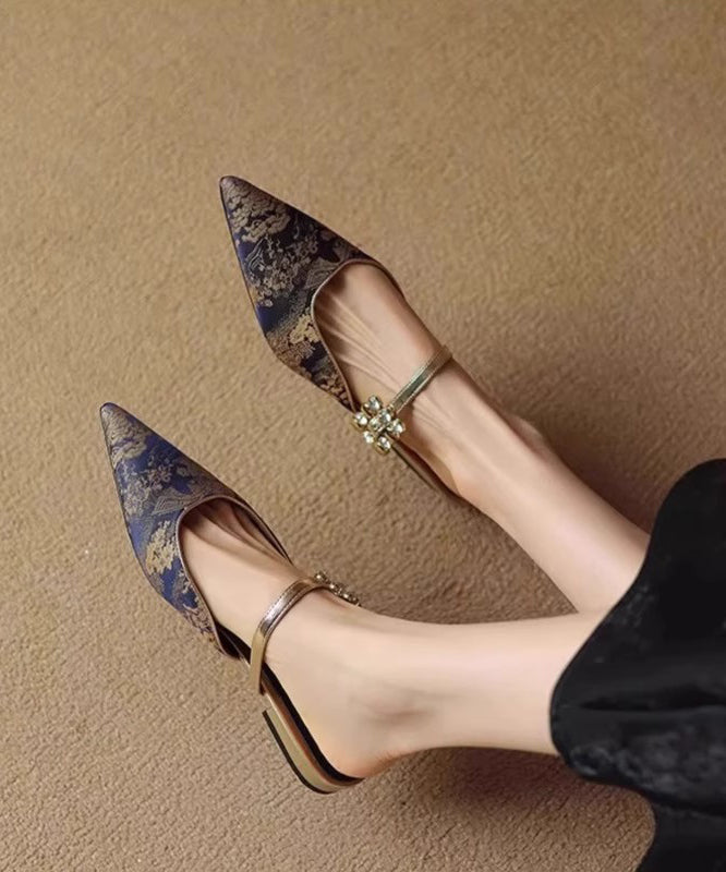 Toe Blue Slide Jacquard Pointed Sandals Zircon Splicing FashionChic