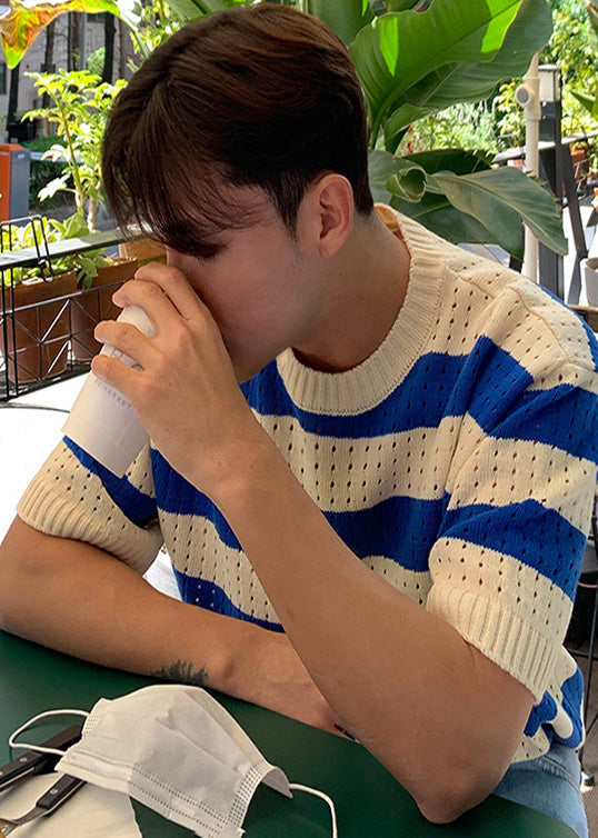 Mens Hollow Knit Shirts T Striped Blue Summer Graphic Out FashionChic