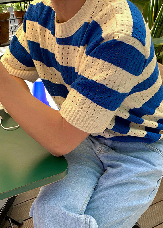 Mens Hollow Knit Shirts T Striped Blue Summer Graphic Out FashionChic