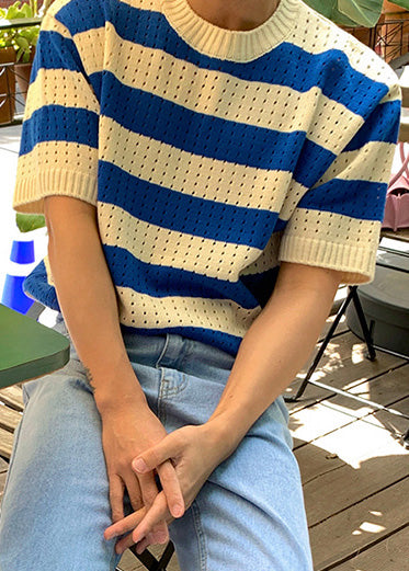 Mens Hollow Knit Shirts T Striped Blue Summer Graphic Out FashionChic